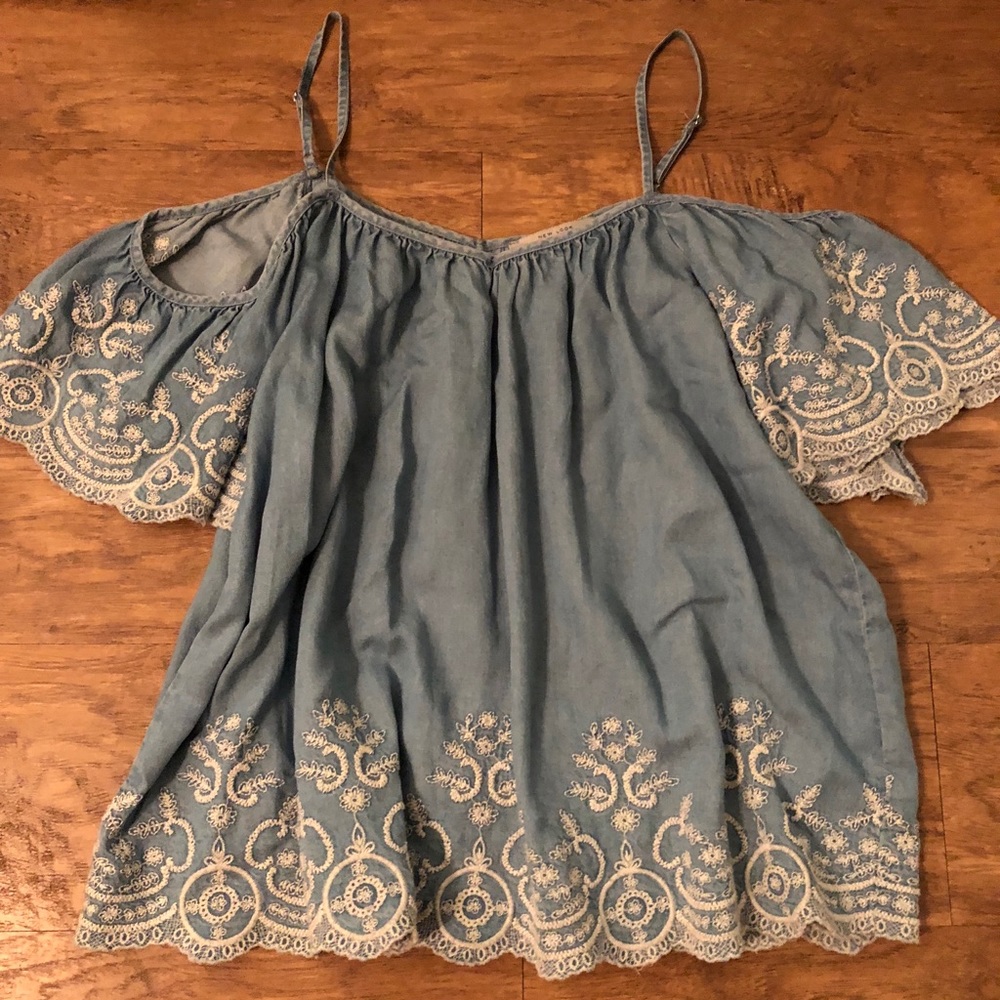 NWOT denim open shoulder blouse